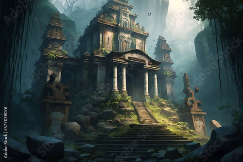 Temple ruins in fantasy mountains, Ancient palace ruins nestled in a fantasy mountain range within a jungle, Generative AI