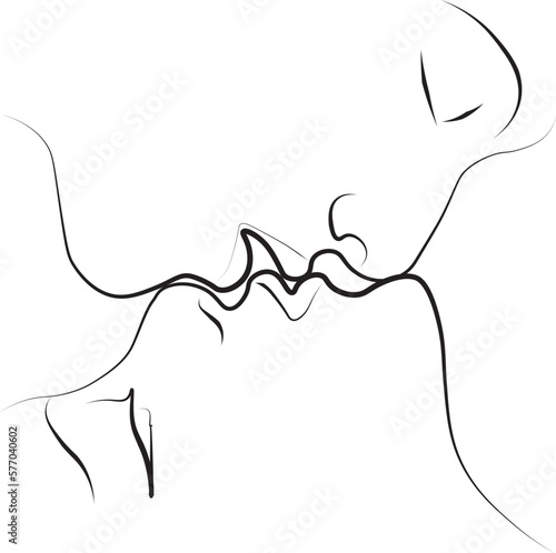 line draw of kissing, single line sketch of lovers, couple, romantic couple is kissing. Poster, contemporary tattoo art, card.