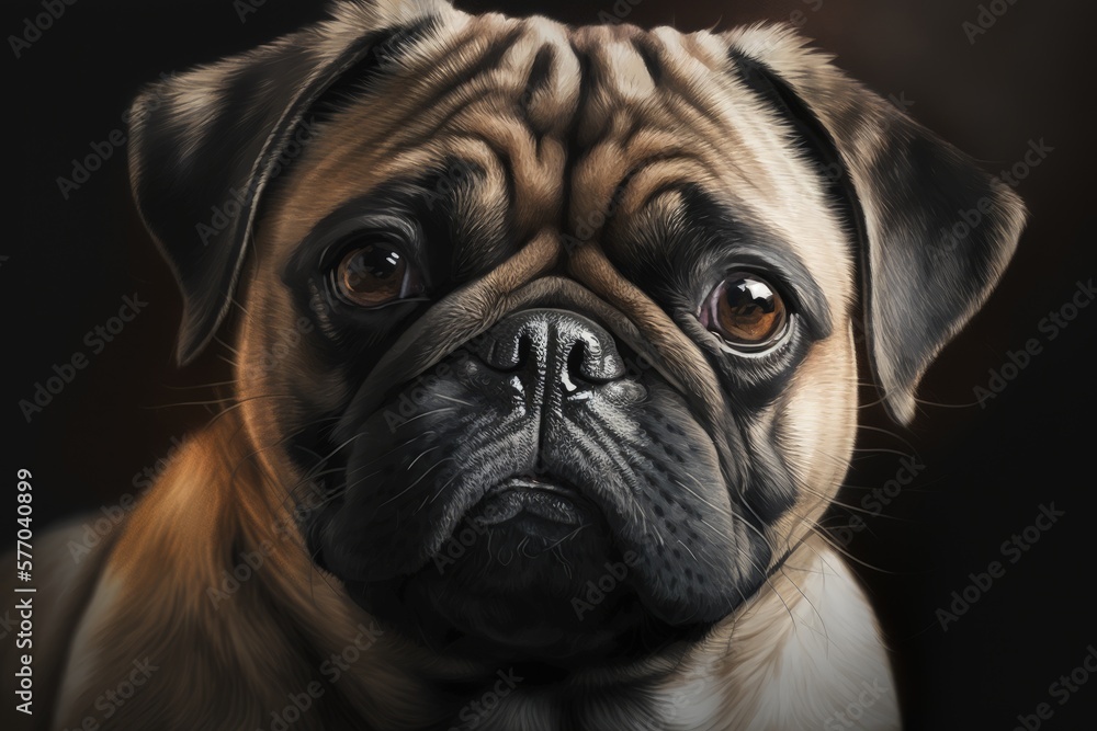 A digitally painted and aesthetically created portrait of a pug dog. Generative AI