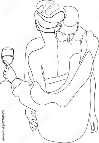 man kisses the neck of a beautiful woman. Abstract Linear Silhouette on White. Woman with Glass. Modern Line Drawing for Glamour Logo Minimal Style