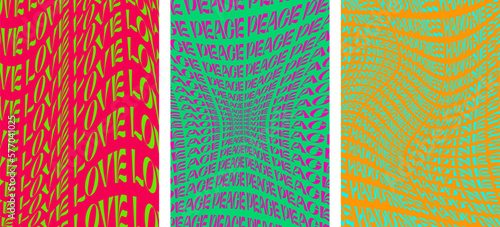 Retro groovy art background set with love peace and happiness words. Psychedelic hippie style swirl colorful placards. Vintage hippy crazy various twist abstract vector banners. Trendy y2k pop culture