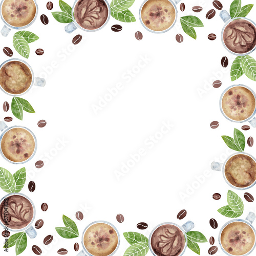 Watercolor hand drawn border frame with capuccino coffee cups, fresh and roasted beans, green leaves. Isolated on white background. For invitations, cafe, restaurant food menu, print, website, cards