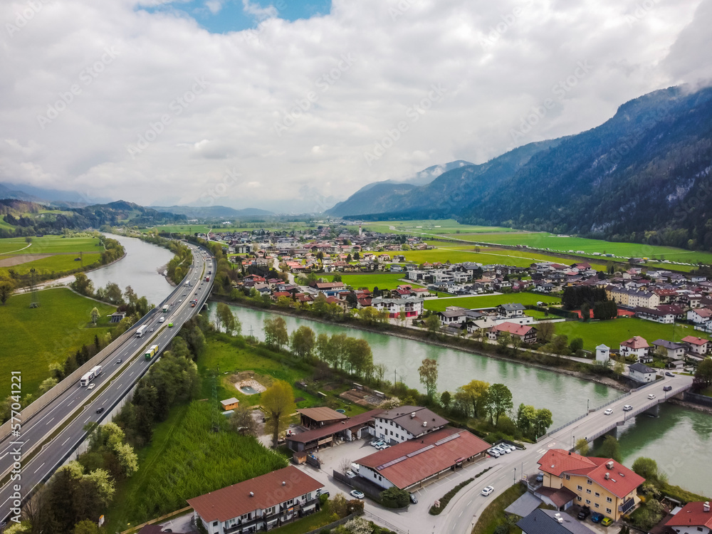 Aerial view Rattenberg town in Kufstein, Tirol. Austria by drone. Alps mountains. River Inn.