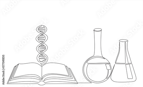 Continuous one line drawing of open book with DNA and laboratory glassware on white background. Isolated simple line modern graphic style. Hand drawn graphic concept for education