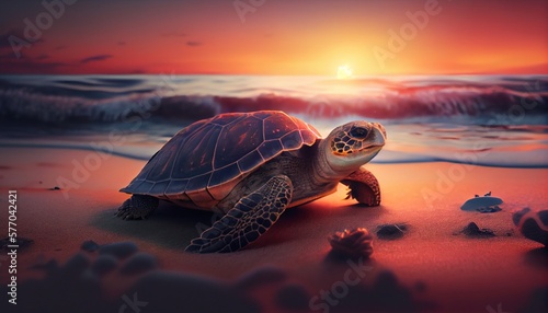 Turtle on the beach at sunset. Generative AI, Generative, AI © nonblok