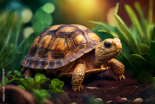 Sulcata tortoise on a grass. Generative AI, Generative, AI © nonblok