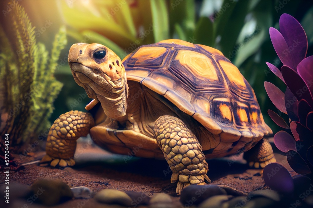 Naklejka premium Sulcata tortoise on a grass. Generative AI, Generative, AI