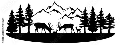 Black silhouette of fir trees and wild deer, landscape panorama illustration icon vector for forest wildlife adventure camping logo, isolated on white background