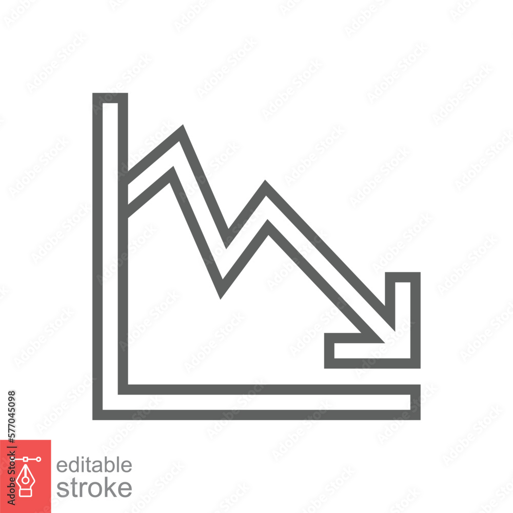 Graph down, reduce progress line icon. Simple outline style efficiency decrease graphic, finance chart, abstract graph, trend vector illustration. Arrow below, bankrupt. Editable stroke EPS 10. Graph down, reduce progress line icon. Simple outline style efficiency decrease graphic, finance chart, abstract graph, trend vector illustration. Arrow below, bankrupt. Editable stroke EPS 10.