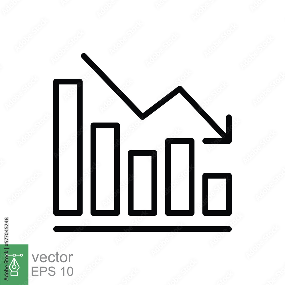 Graph down, reduce progress line icon. Simple outline style efficiency decrease graphic, finance chart, abstract graph, trend vector illustration. Arrow below, bankrupt concept. EPS 10. Graph down, reduce progress line icon. Simple outline style efficiency decrease graphic, finance chart, abstract graph, trend vector illustration. Arrow below, bankrupt concept. EPS 10.