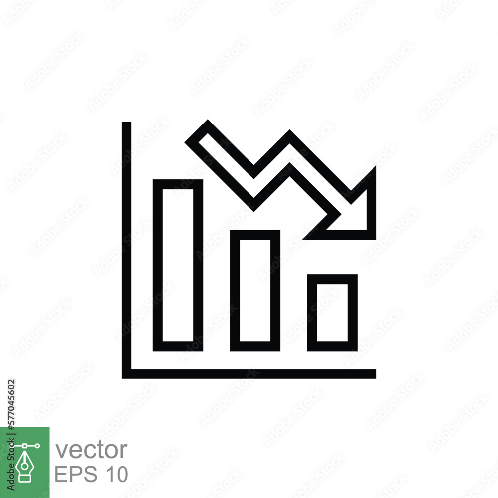 Graph down, reduce progress line icon. Simple outline style efficiency decrease graphic, finance chart, abstract graph, trend vector illustration. Arrow below, bankrupt concept. EPS 10. Graph down, reduce progress line icon. Simple outline style efficiency decrease graphic, finance chart, abstract graph, trend vector illustration. Arrow below, bankrupt concept. EPS 10.