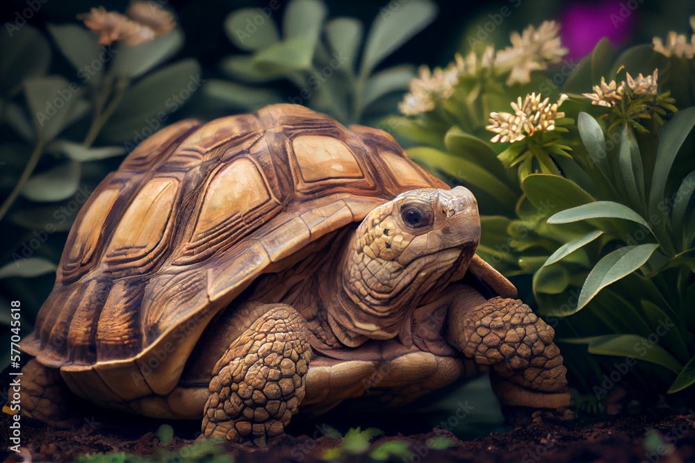 Naklejka premium Sulcata tortoise on a grass. Generative AI, Generative, AI