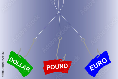 Vector illustration of a fish hook with hooked inscriptions Euro and Dollar, choice and struggle between two financial offers	