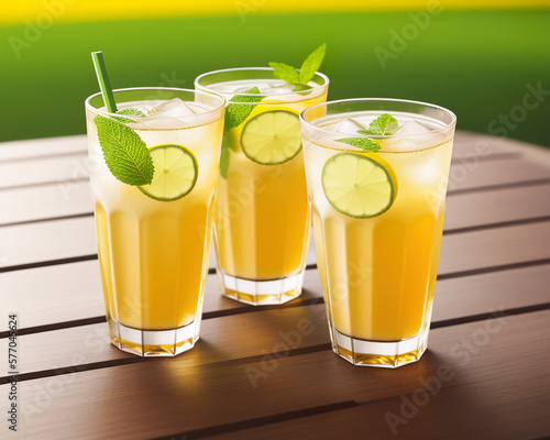 a fresh refreshing glass of lemonade juice cocktail drink in a sunny spring garden, created using AI generative tools