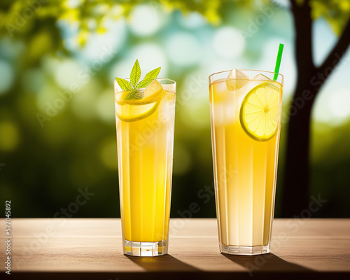 a fresh refreshing glass of lemonade juice cocktail drink in a sunny spring garden, created using AI generative tools