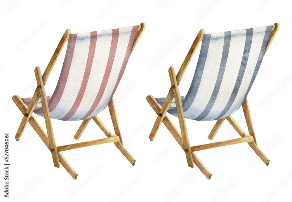 Hand drawn watercolor elements. Pair of striped beach deck chairs, sun chaise lounge. Isolated on white background. Design wall art, wedding, print, fabric, cover, card, tourism, travel booklet.