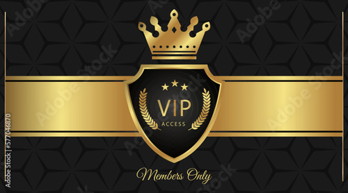 golden shield with laurel wreath, black and gold label with ribbon, luxury gold and black exclusive premium vip card for club members only, vip pass casino cadr, vip invitation
