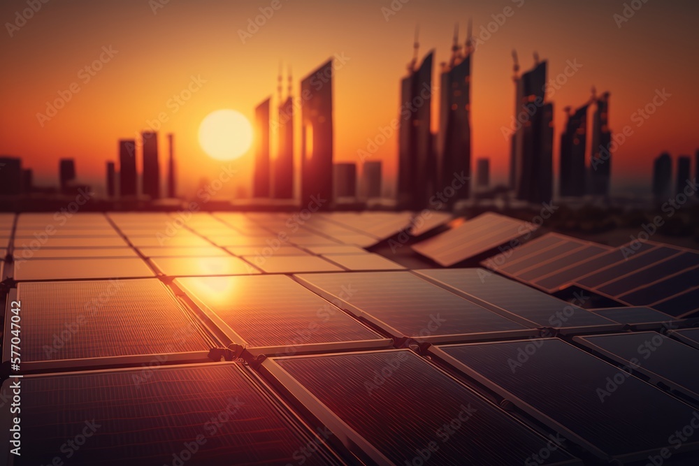 Solar panels outside a big city in the sunset, made with generative ai