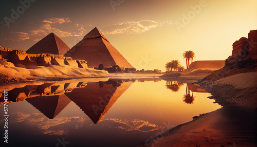 World famous pyramids in Egypt reflecting in pond  AI generated