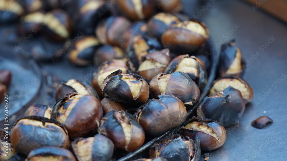 Roasted chestnuts on the market.