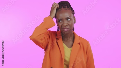 Confused, thinking and a black woman scratching her head in studio on a pink background feeling lost. Question, doubt and idea with an attractive young female looking thoughtful about a memory