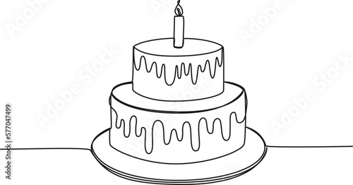 continuous single line drawing of birthday cake with candle on top, line art vector illustration
