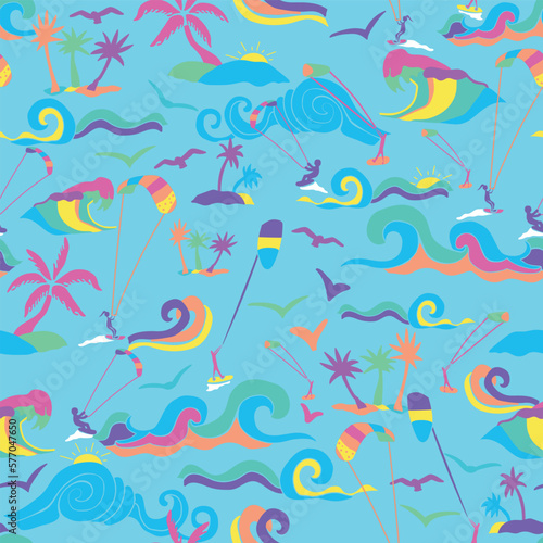 Colorful Kitesurf Day at the beach with waves seamless pattern on blue background