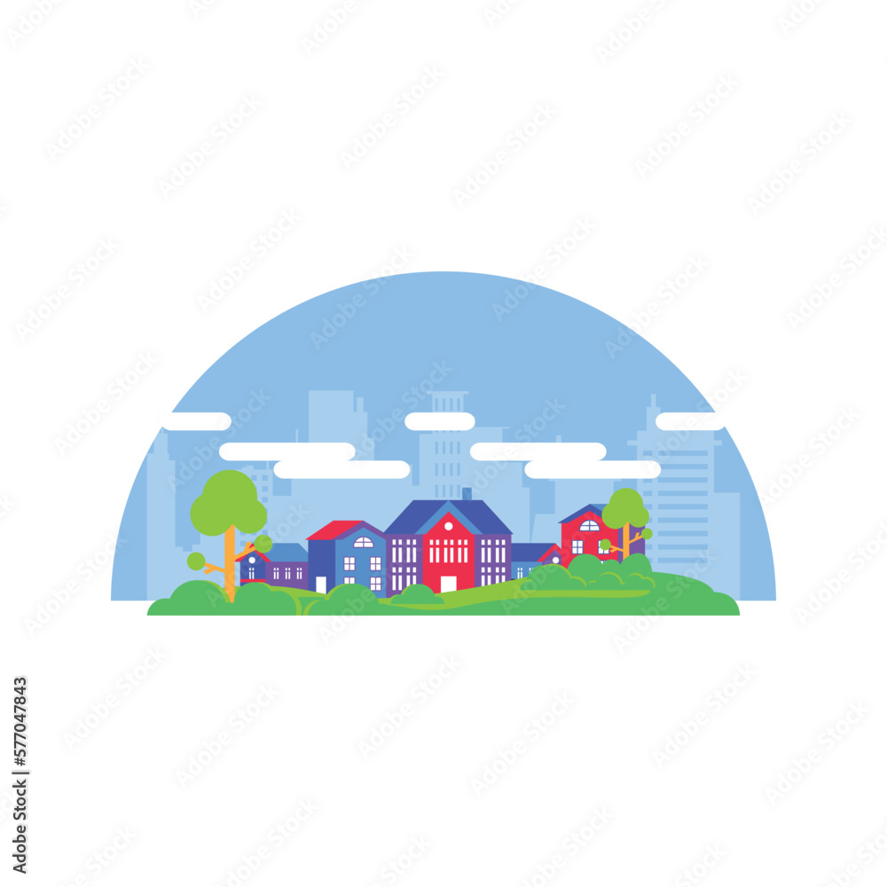 Colorful village skyline with modern building architecture illustration