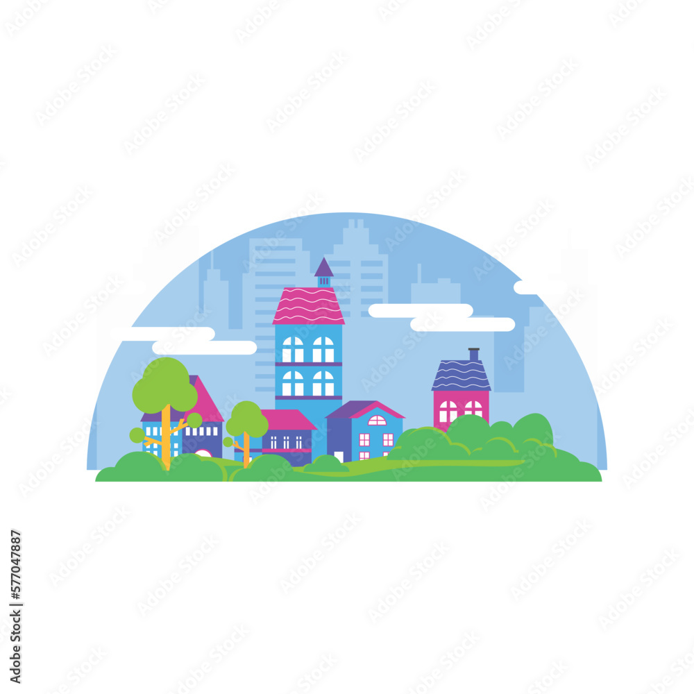 Colorful village skyline with modern building architecture isolated