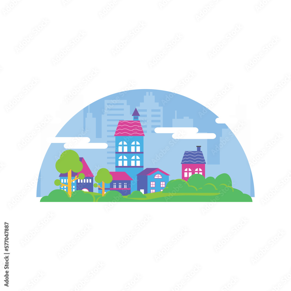 Colorful village skyline with modern building architecture isolated Colorful village skyline with modern building architecture isolated