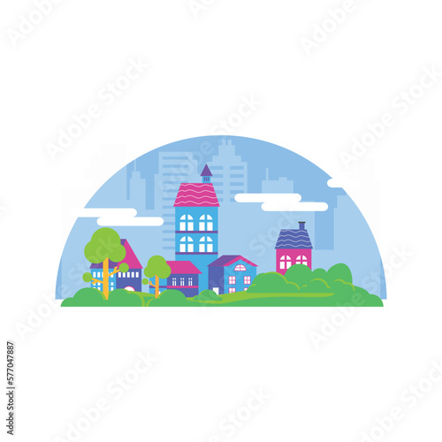 Colorful village skyline with modern building architecture isolated