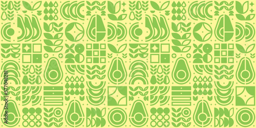 Abstract artwork of avocado pattern icon. Simple flat vector art, illustration symbol of cut avocado, seed, flower, leaf, in silhouette. Modern geometric background design, fruit and vegetable theme.