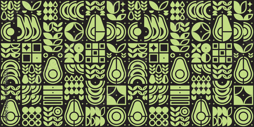 Abstract artwork of avocado pattern icon. Simple flat vector art, illustration symbol of cut avocado, seed, flower, leaf, in silhouette. Modern geometric background design, fruit and vegetable theme.