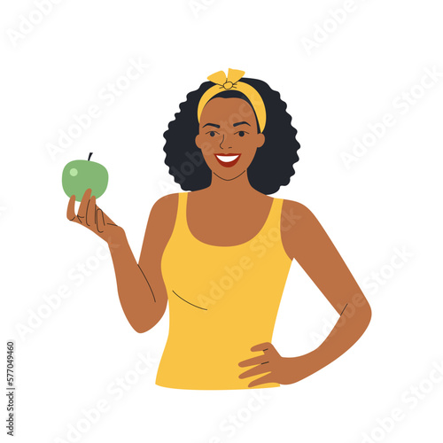 Healthy young black woman holding green apple isolated. Vector cartoon flat style illustration