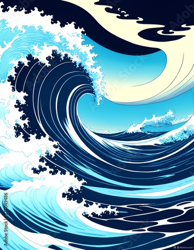 Illustrazione di un'onda in stile ukiyo-e, creato con intelligenza artificiale generativa.