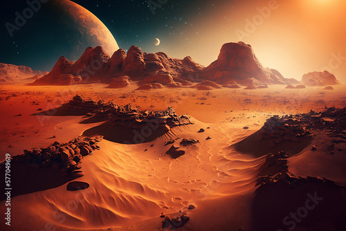 Landscape of Mars surface, Martian landscape, alien terrain, Generative AI
