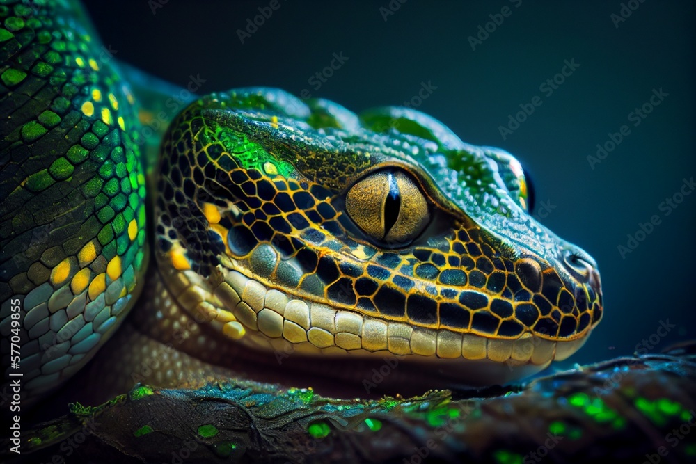 Close up of green python, green snake. Generative AI, Generative, AI Close up of green python, green snake. Generative AI, Generative, AI