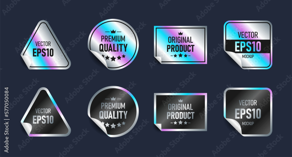 Set of holographic stickers of different shapes isolated on a dark background. Templates of colored paper tags, emblems, labels.