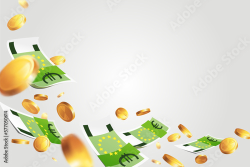 Banner with money - bank notes and gold coins isolated on light background. Illustration with place for text. Frame - swirl of bills. 