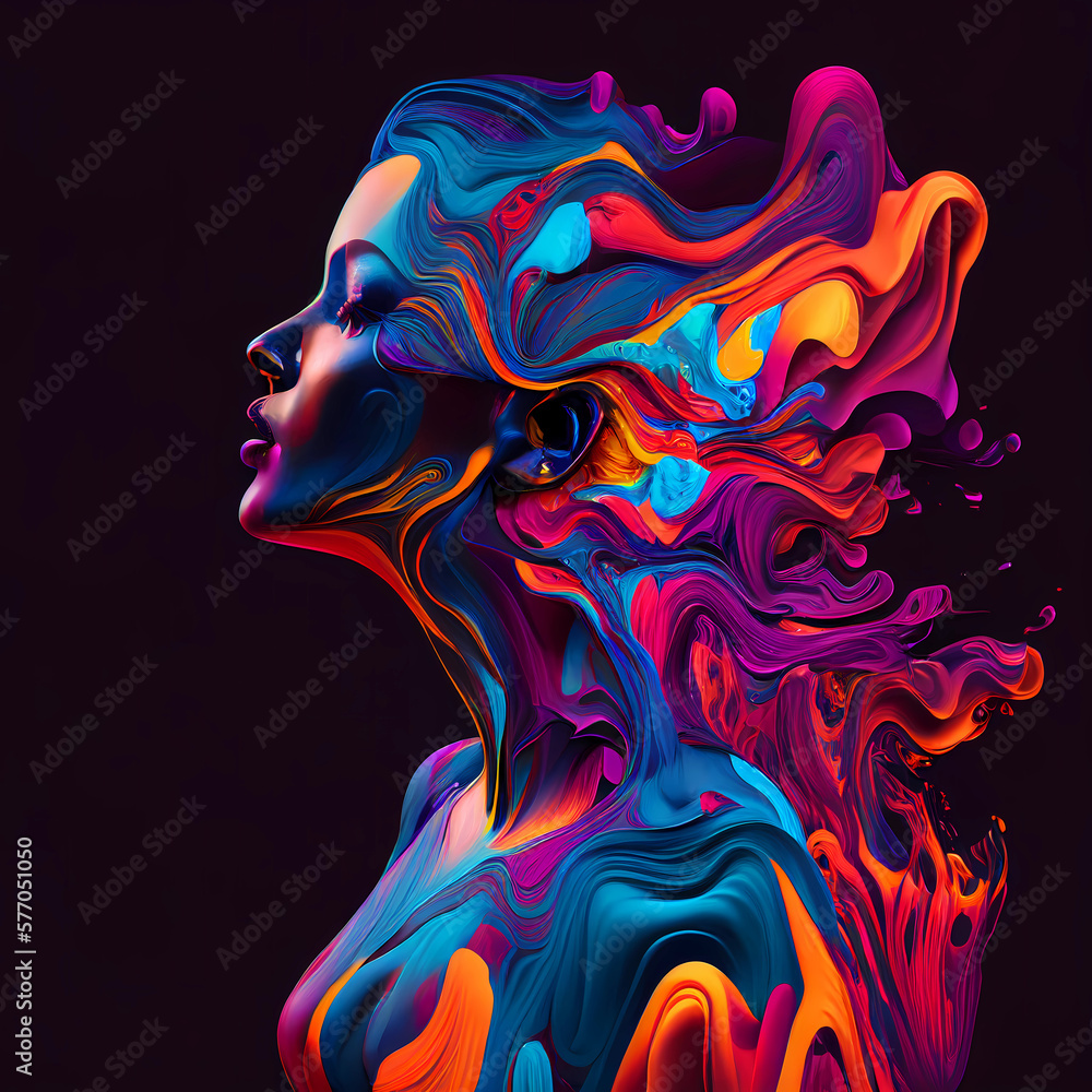 abstract colorful woman vibrant colors, side view, ai generated