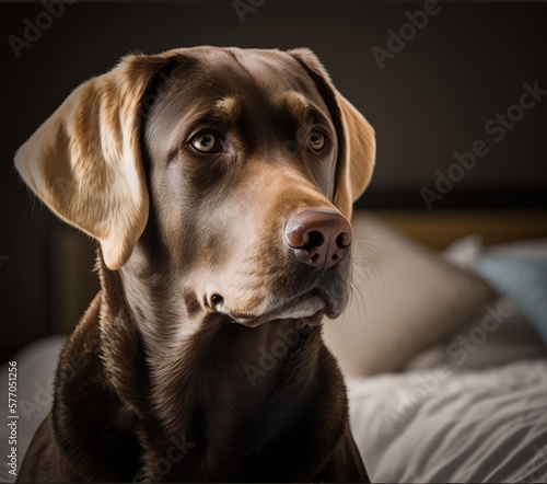 Portrait of cute brown dog on bed, created using generative ai technology © Future Vision