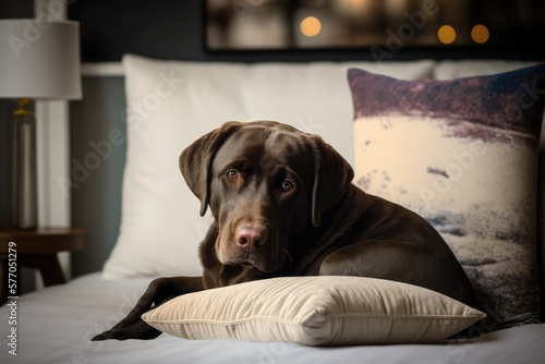 Portrait of cute brown dog on bed, created using generative ai technology
