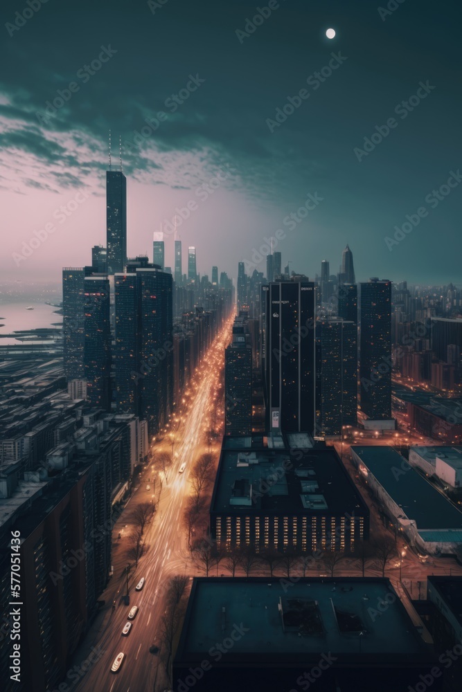 custom made wallpaper toronto digitalSkyline with modern buildings with full moon at night, created using generative ai technology