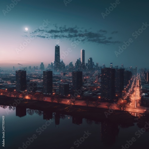 Skyline with modern buildings with full moon at night, created using generative ai technology