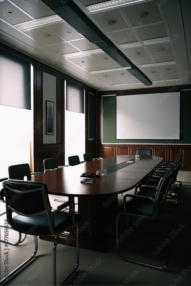Empty conference room with table over white board in office, created using generative ai technology