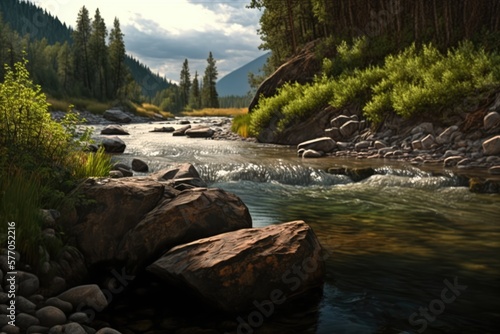 Beautiful landscape of river creek with rocks and mountains, created using generative ai technology