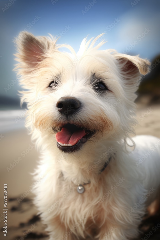 Portrait of white cute dog on beach, created using generative ai technology