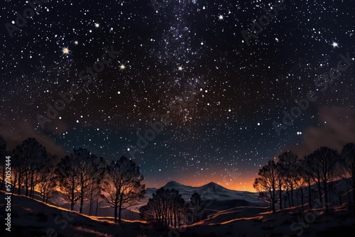 Starry skies over mountains landscape at night, created using generative ai technology © Future Vision