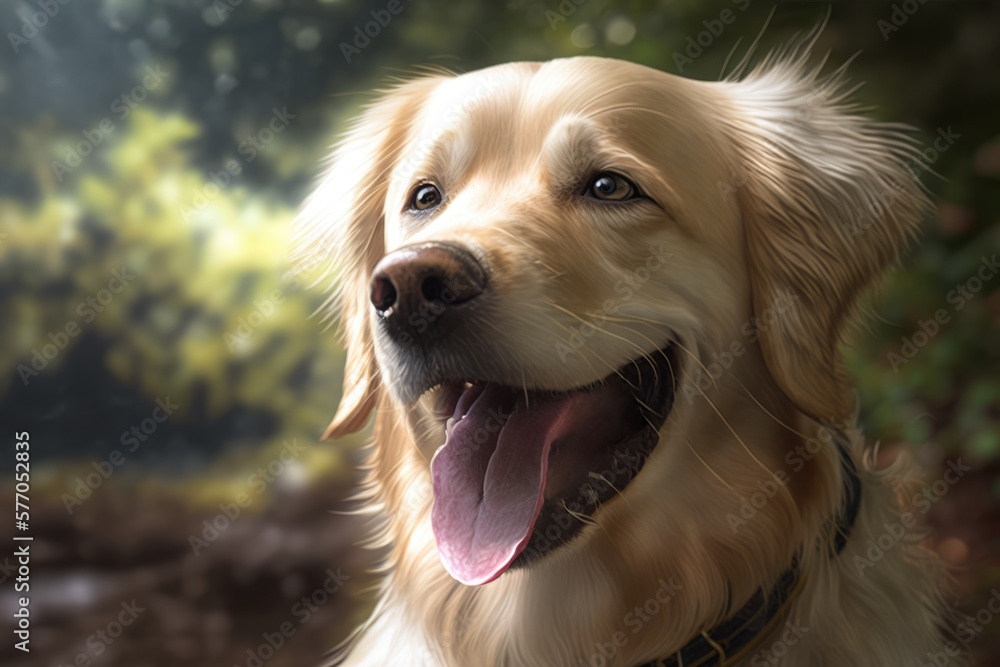 Close up of beige dog sticking tongue out in forest created using generative ai technology