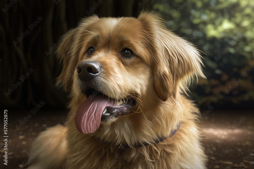 Close up of beige dog sticking tongue out in forest created using generative ai technology Close up of beige dog sticking tongue out in forest created using generative ai technology